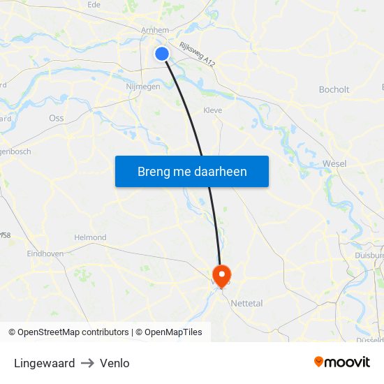 Lingewaard to Venlo map
