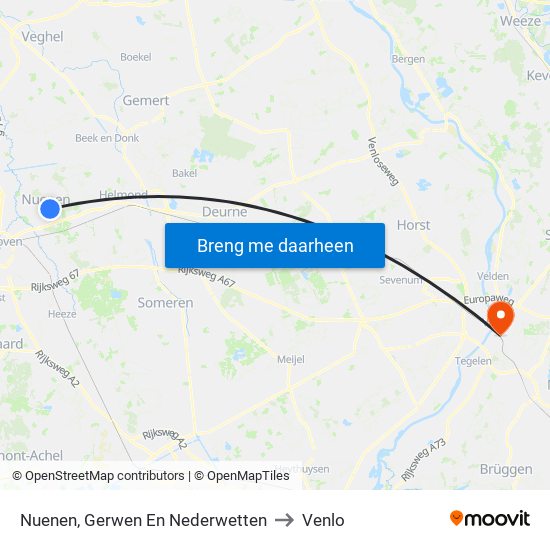 Nuenen, Gerwen En Nederwetten to Venlo map