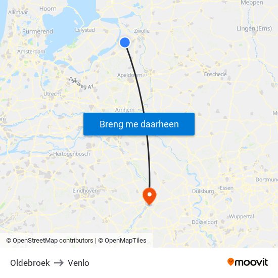 Oldebroek to Venlo map