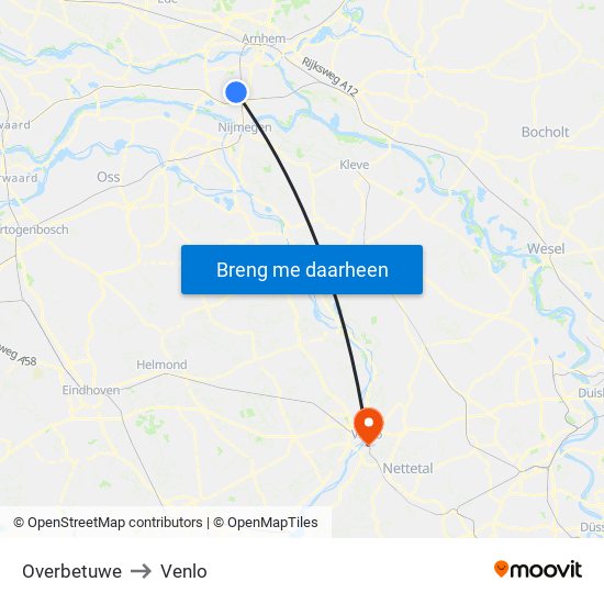 Overbetuwe to Venlo map