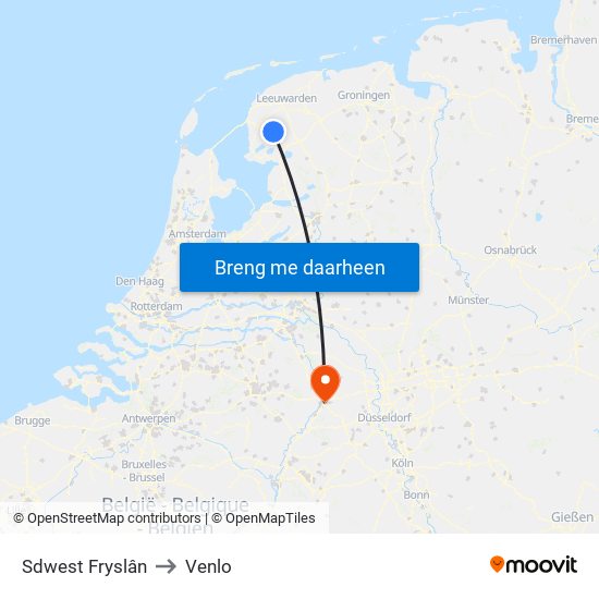 Sdwest Fryslân to Venlo map