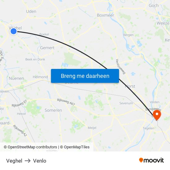 Veghel to Venlo map