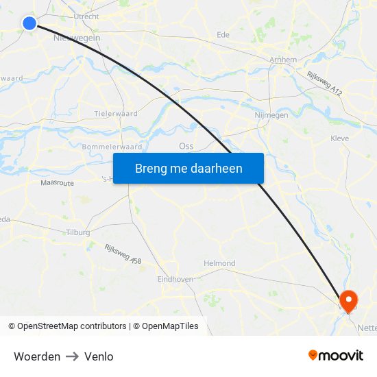 Woerden to Venlo map