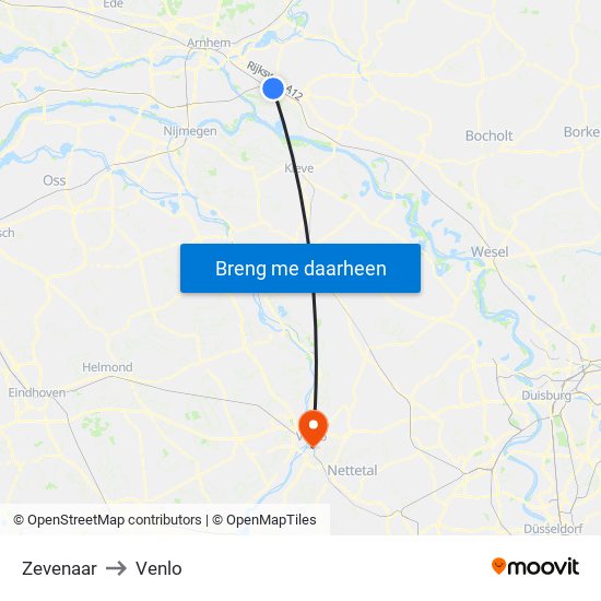 Zevenaar to Venlo map