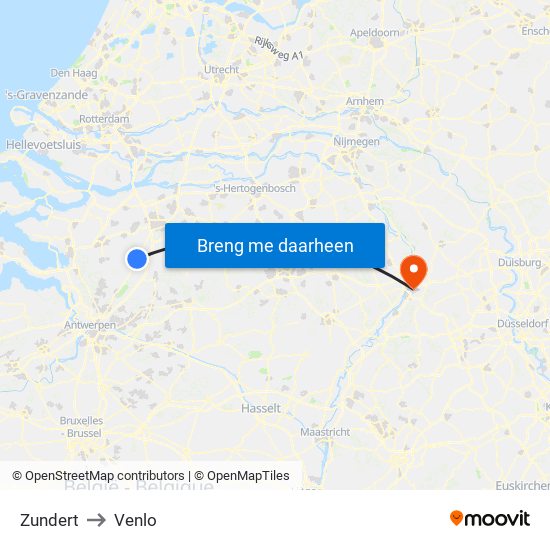 Zundert to Venlo map