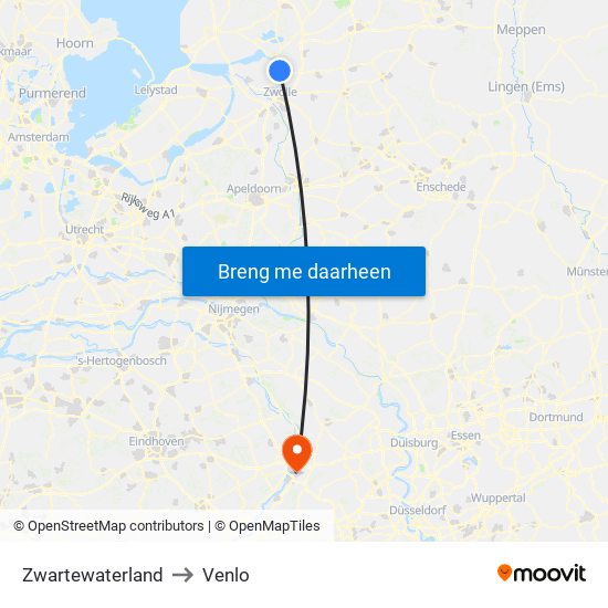 Zwartewaterland to Venlo map