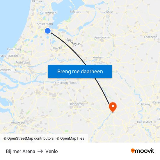 Bijlmer Arena to Venlo map