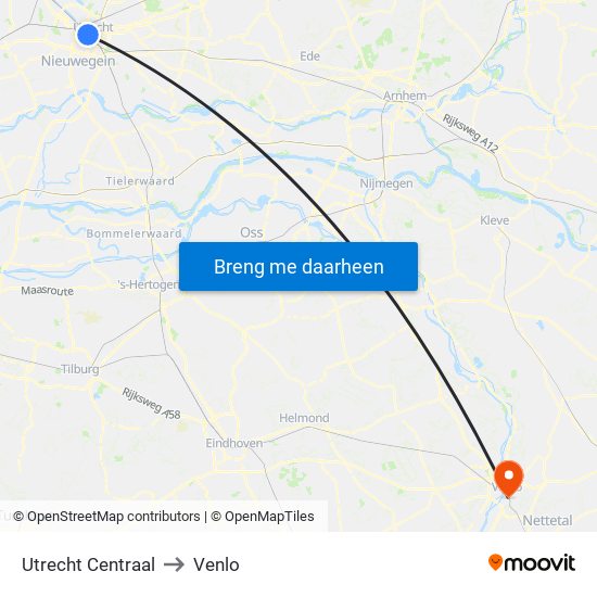 Utrecht Centraal to Venlo map