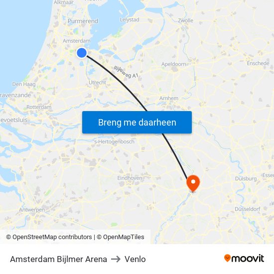 Amsterdam Bijlmer Arena to Venlo map