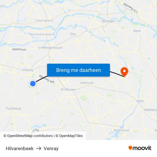 Hilvarenbeek to Venray map
