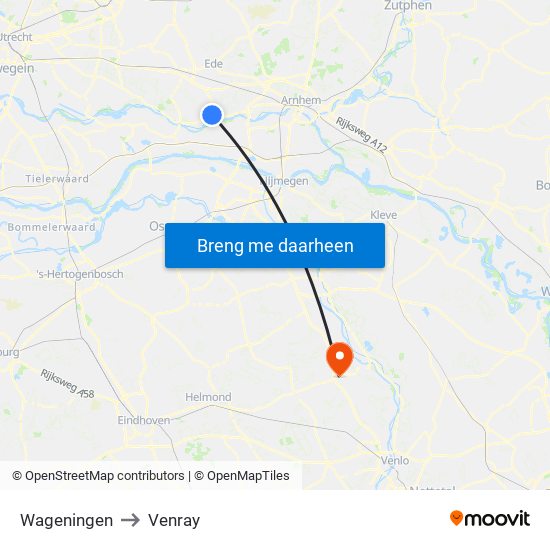 Wageningen to Venray map
