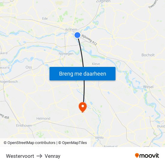 Westervoort to Venray map