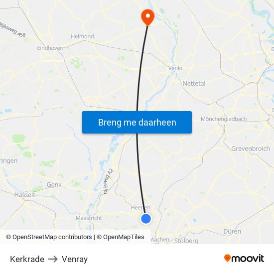 Kerkrade to Venray map