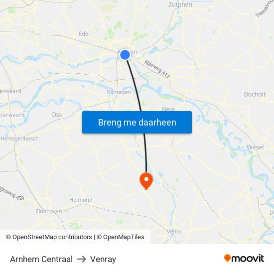 Arnhem Centraal to Venray map