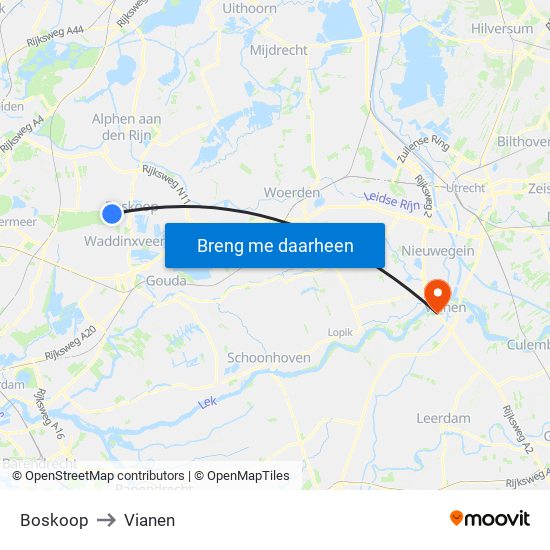 Boskoop to Vianen map