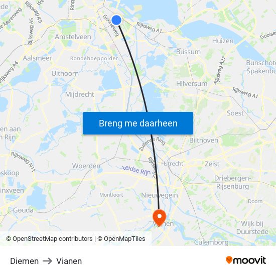 Diemen to Vianen map