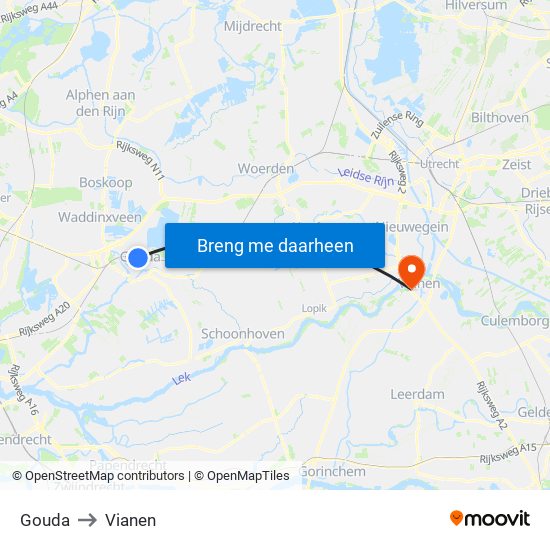 Gouda to Vianen map