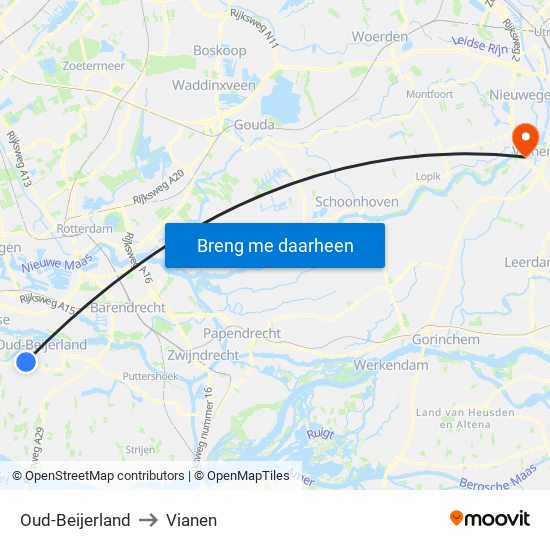 Oud-Beijerland to Vianen map