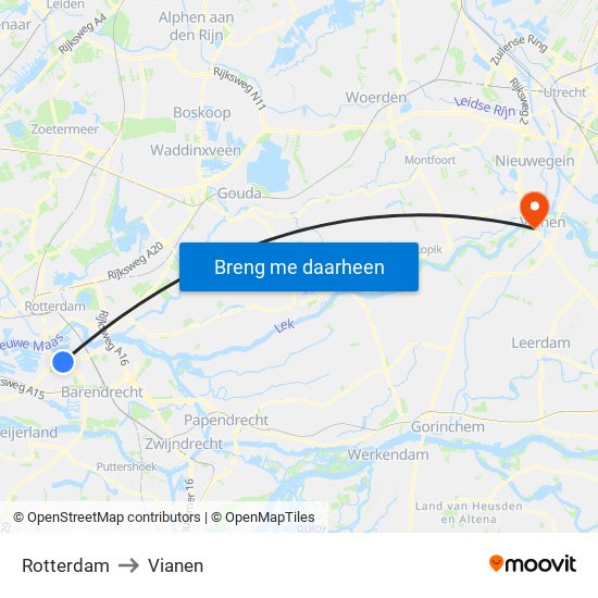 Rotterdam to Vianen map