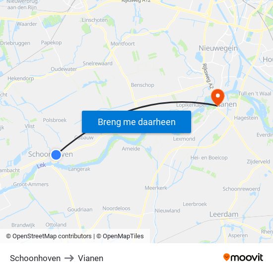 Schoonhoven to Vianen map