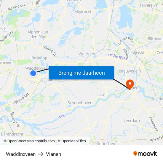 Waddinxveen to Vianen map