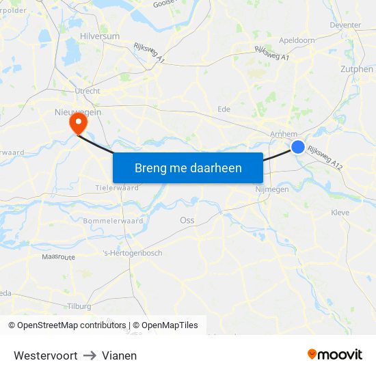Westervoort to Vianen map