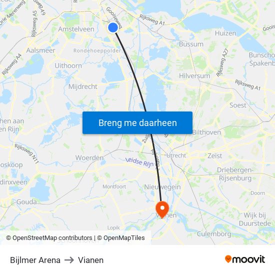 Bijlmer Arena to Vianen map