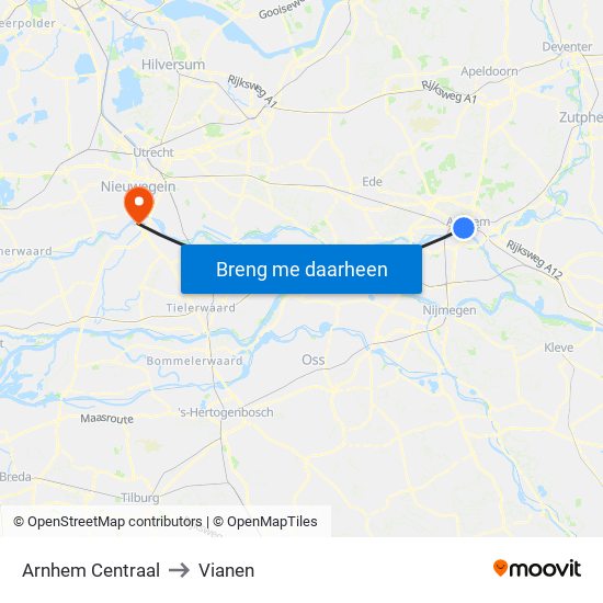 Arnhem Centraal to Vianen map