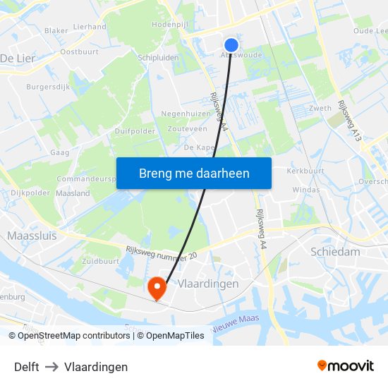 Delft to Vlaardingen map