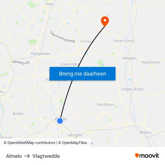 Almelo to Vlagtwedde map