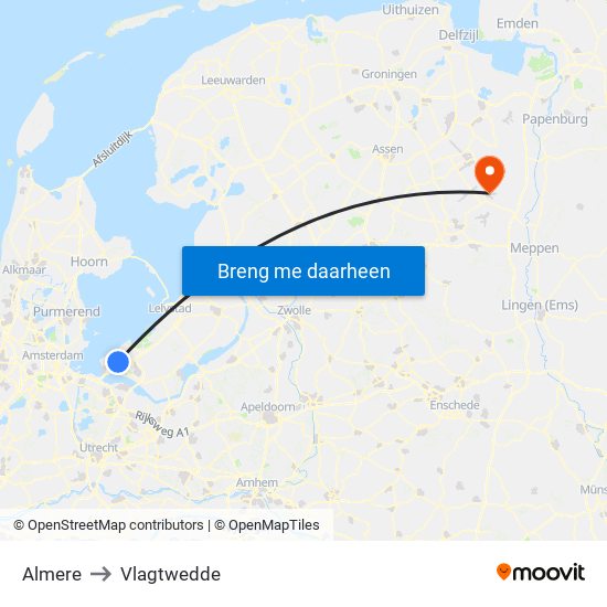 Almere to Vlagtwedde map