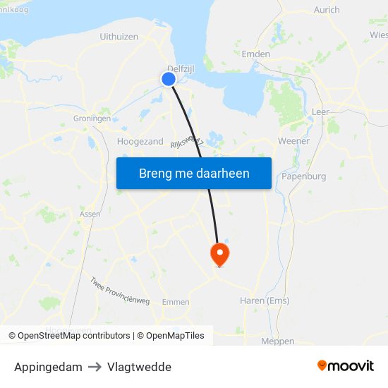 Appingedam to Vlagtwedde map