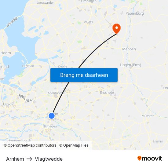 Arnhem to Vlagtwedde map