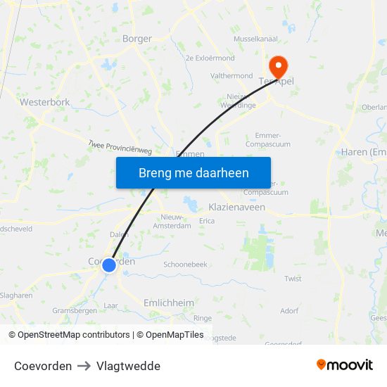 Coevorden to Vlagtwedde map