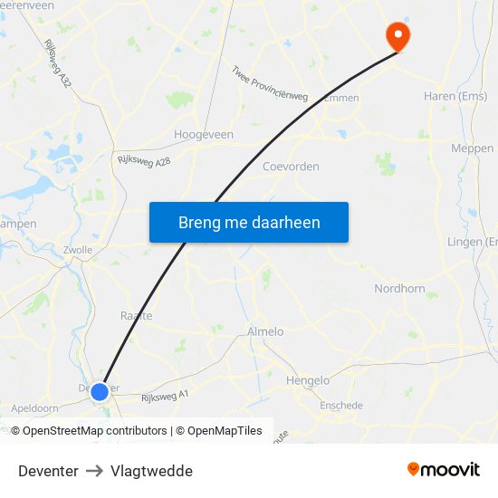 Deventer to Vlagtwedde map