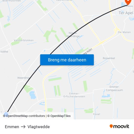 Emmen to Vlagtwedde map