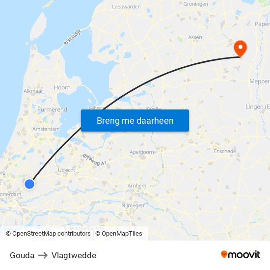 Gouda to Vlagtwedde map