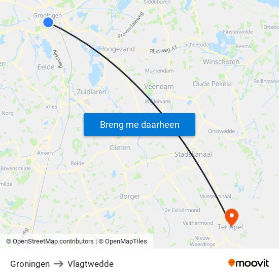 Groningen to Vlagtwedde map