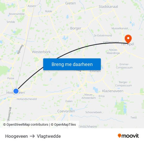 Hoogeveen to Vlagtwedde map
