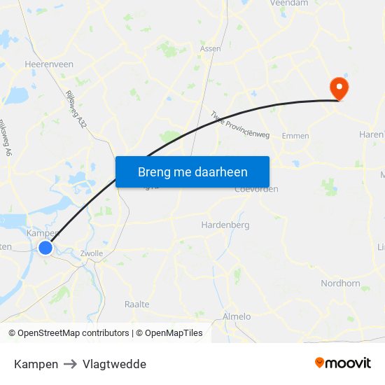 Kampen to Vlagtwedde map
