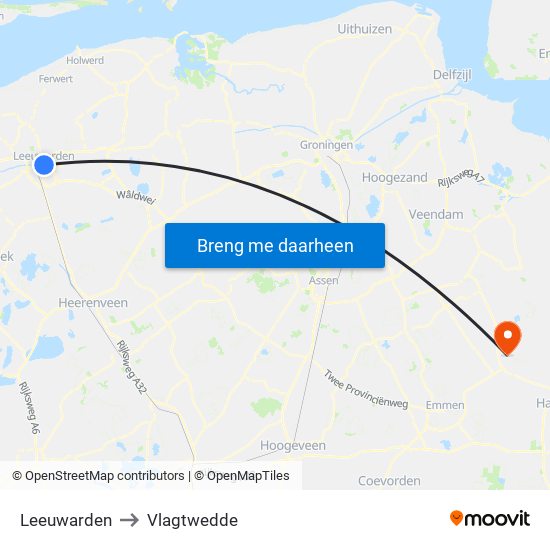 Leeuwarden to Vlagtwedde map