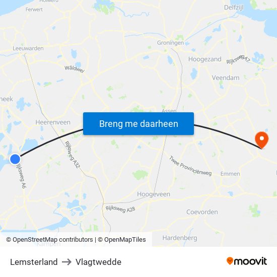 Lemsterland to Vlagtwedde map