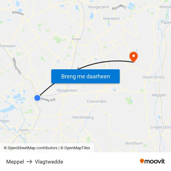 Meppel to Vlagtwedde map