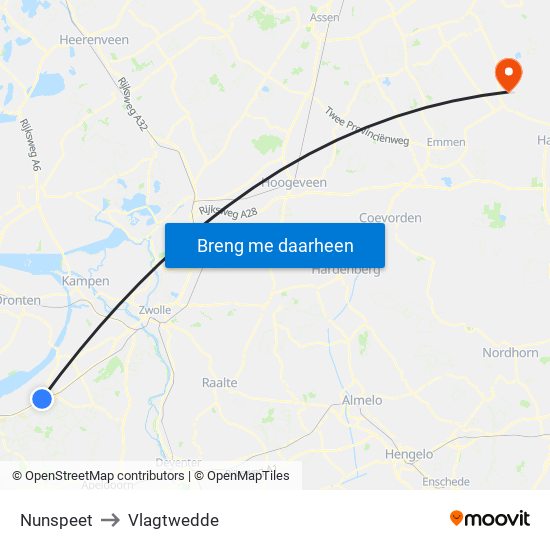 Nunspeet to Vlagtwedde map