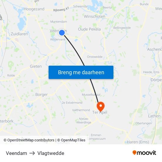 Veendam to Vlagtwedde map