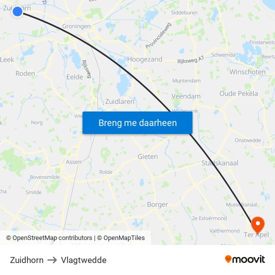 Zuidhorn to Vlagtwedde map