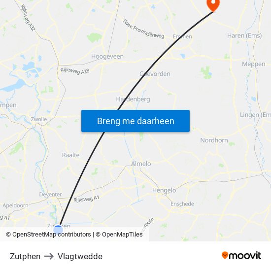 Zutphen to Vlagtwedde map