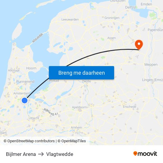 Bijlmer Arena to Vlagtwedde map