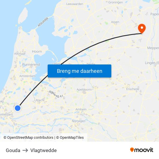 Gouda to Vlagtwedde map