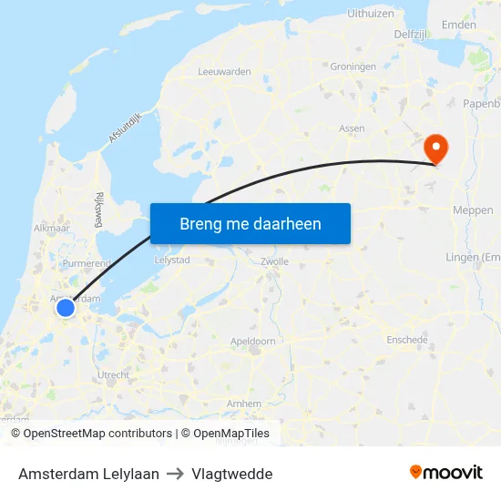 Amsterdam Lelylaan to Vlagtwedde map
